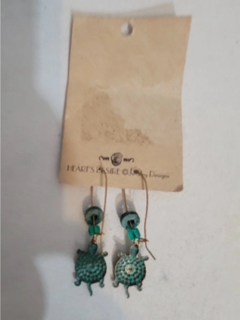 Vintage Heart's Desire Jewelry Designs Turtle Charm Dangle Bead Earrings Boho